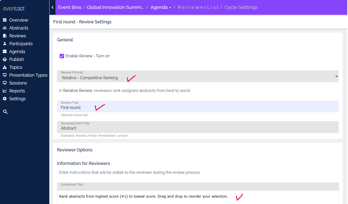 Review cycle settings