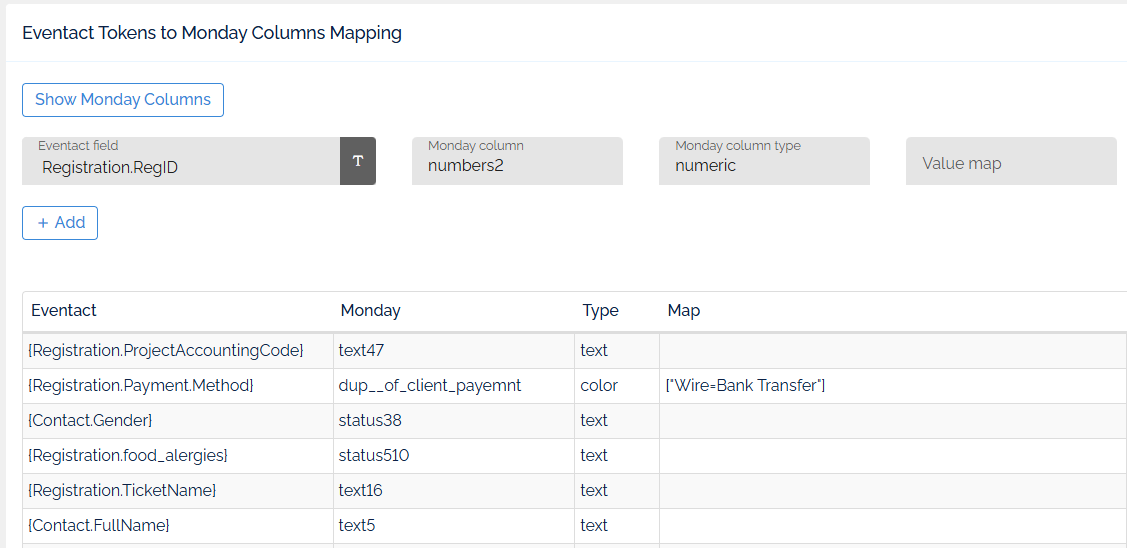 Monday fields mapping