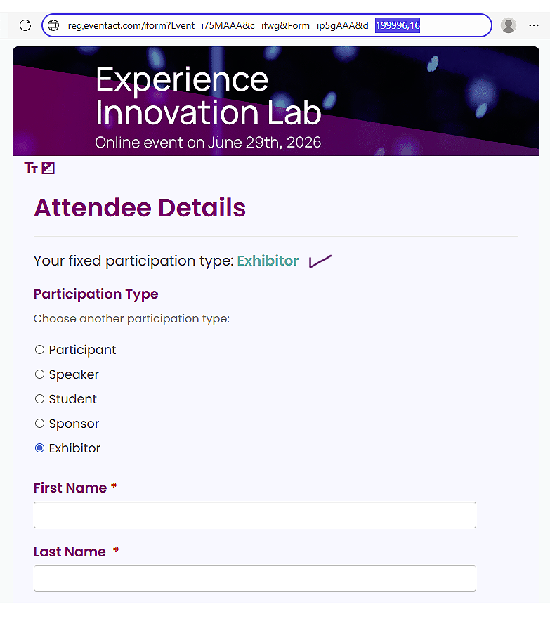 An example of Registration Form with Pre-Filled value of Registrant Type